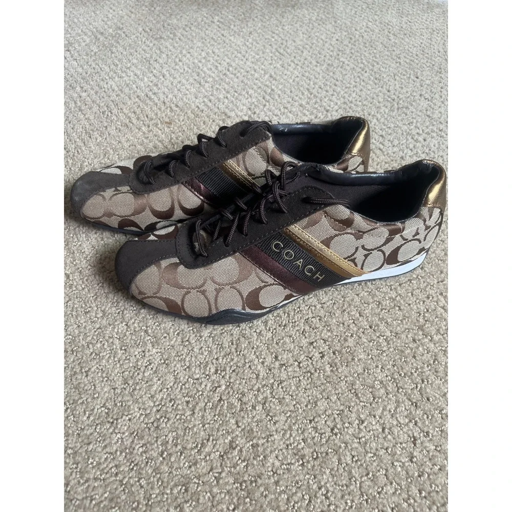 Coach Womens Signature Jacquard Sneakers Brown Gold Metallic Logo Shoes Low Top